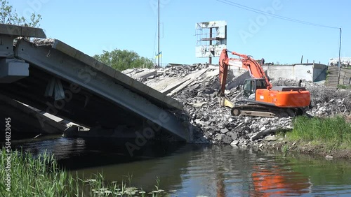 2022 - the bridge between Bucha and Kyiv Kiev is blown up during the Ukraine war to prevenet Russian occupation. photo