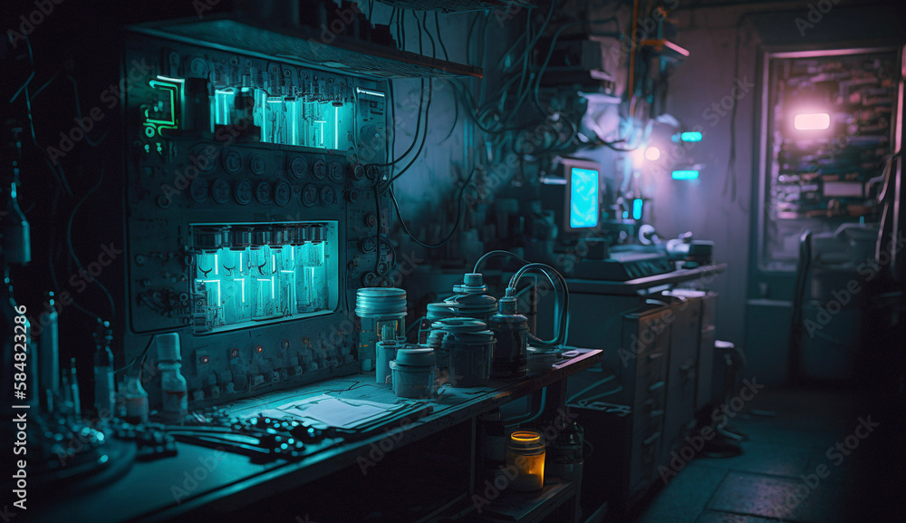 A high-tech laboratory with advanced equipment and glowing vials A high-tech laboratory with advanced equipment and glowing vials