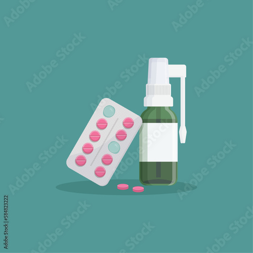 Throat spray and pink round medical pills in a blister. Colorful vector illustration