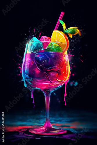 fruchtiger Cocktail mit Früchten in Neonfarben und Neonlicht. Generative Ai.
 photo