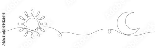 Continuous line sun and moon art. Single line sketch sunny summer travel concept, minimalist design for print, poster.