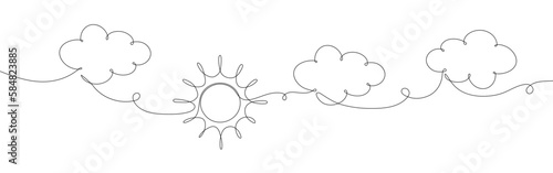 Continuous line sun cloud art. Single line sketch sunny summer travel concept.