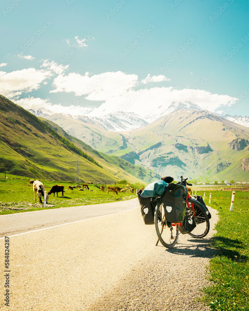 Red touring bicycle loaded with heavy gear in four pannier bags stand on side of asphalt road surrounded by summer nature and caucasus mountains background. Solo adventure travel