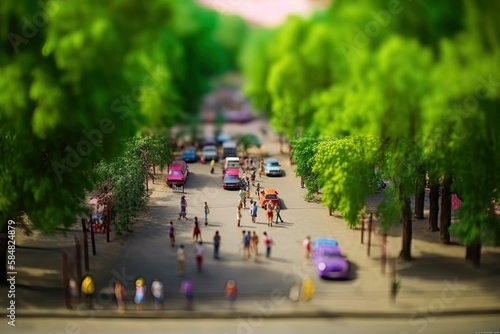 People walking at park with green trees in city. Model of city street in miniature, tilt shift. Created with Generative AI