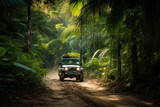 Four wheel drive SUV is driving on muddy road in jungle. Jeep on safari. Created with Generative AI