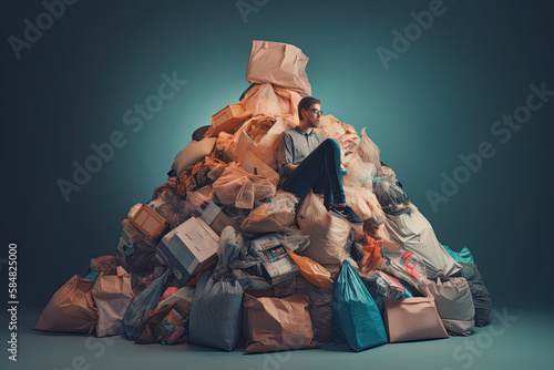 Man sits on top of pile of garbage bags. Concept of overconsumption and pollution of environment by human waste. Created with Generative AI photo