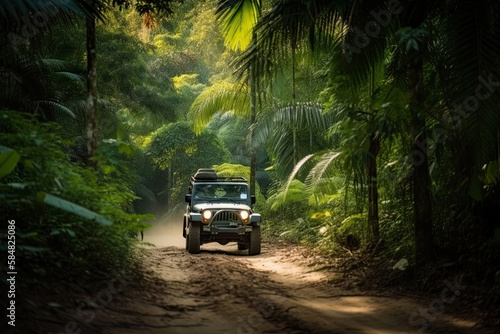 Four wheel drive SUV is driving on muddy road in jungle. Jeep on safari. Created with Generative AI