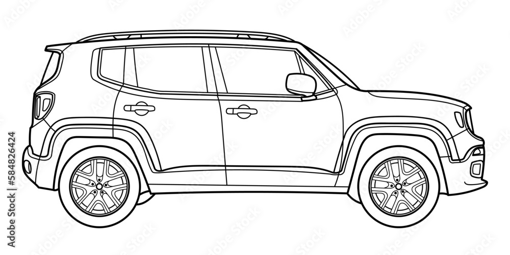 Classic luxury suv car. Crossover car front view shot. Outline doodle vector illustration. Design for print, coloring book Classic luxury suv car. Crossover car front view shot. Outline doodle vector illustration. Design for print, coloring book