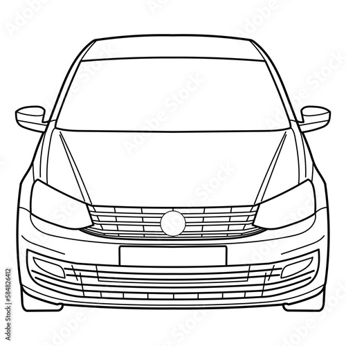 Outline drawing of a hatchback car from front 3d view. Classic style. Vector outline doodle illustration. Design for print or color book