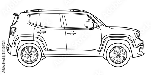 Classic luxury suv car. Crossover car front view shot. Outline doodle vector illustration. Design for print, coloring book