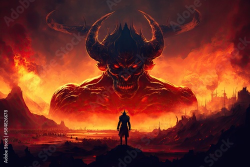 Canvas Print devil, with view of fiery hellscape, tempting and intimidating sinners, created