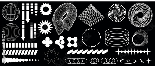 Psychedelic, futuristic 2000 style set. Geometric shapes and patterns, frame, donuts, pyramids, stars. Surreal retro style.