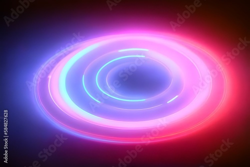 3d render, abstract cloud illuminated with neon light ring on dark night sky. Glowing geometric shape, round frame