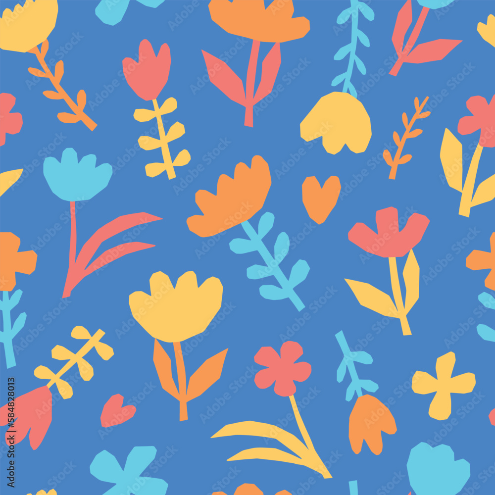 Naklejka premium seamless pattern with abstract cut out flowers and leaves, floral elements on blue background for textile prints, nursery decor, kids apparel, scrapbooking, wallpaper, stationary, packaging, wrapping