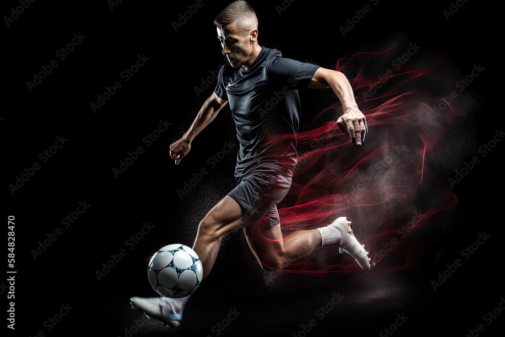 Generative AI Illustration of a soccer player making the movement of hitting the ball on dark background. Long exposure photography with motion blur lines - obrazy, fototapety, plakaty 