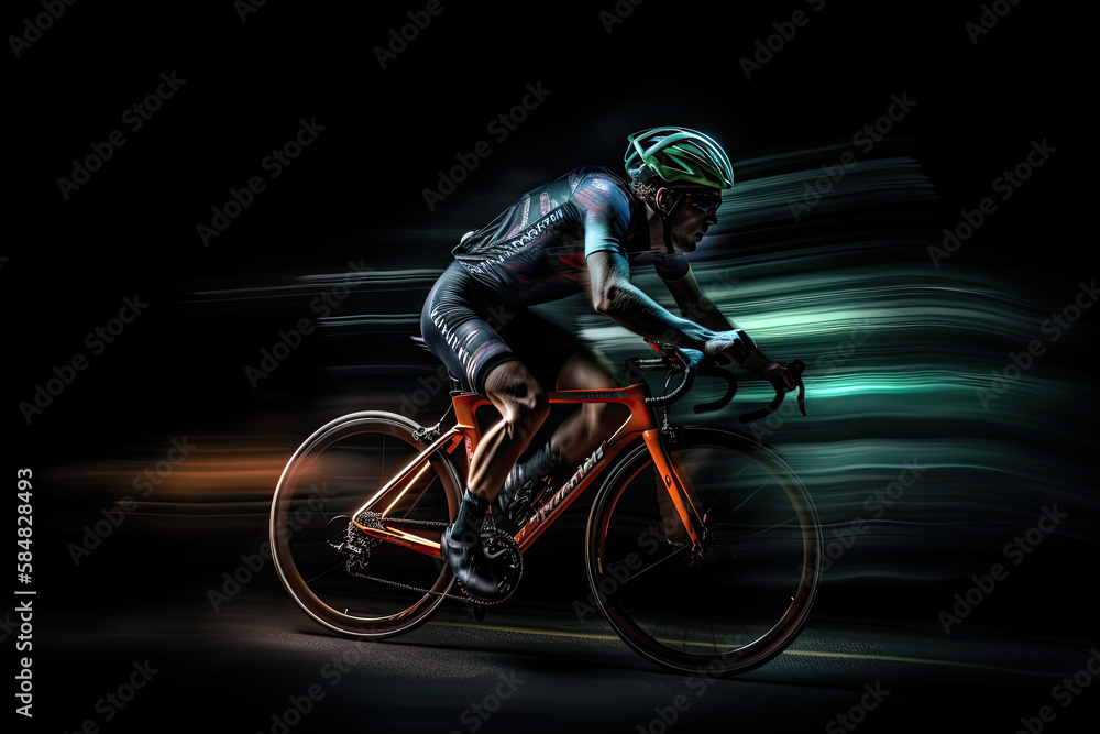 Generative AI Illustration of a moving cyclist on dark background. Long exposure photography with motion blur lines Generative AI Illustration of a moving cyclist on dark background. Long exposure photography with motion blur lines