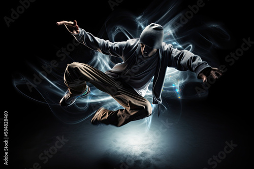 Generative AI Illustration of a hip hop and breakdance dancer dancing expressively on black background. Long exposure photography with motion blur lines