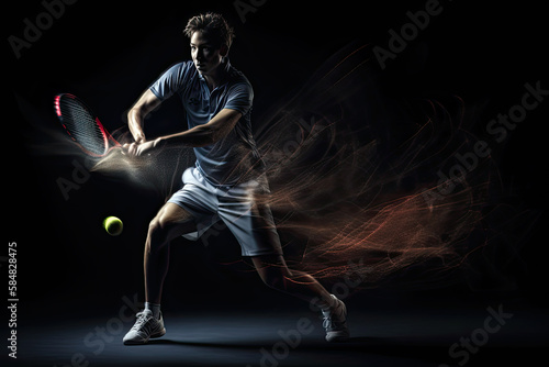 Generative AI Illustration of a tennis player making the move of hitting the ball on dark background. Long exposure photography with motion blur lines © Supermelon