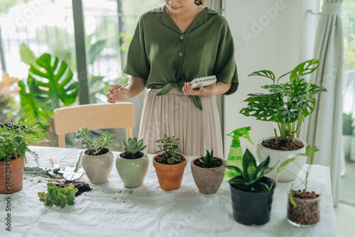 Female plant shop owner checking and counting plants in store photo
