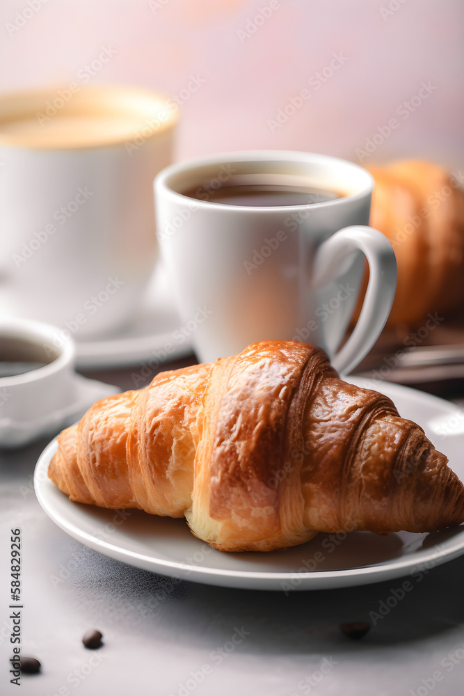 Traditional breakfast with croissant and coffee. Generative AI Traditional breakfast with croissant and coffee. Generative AI