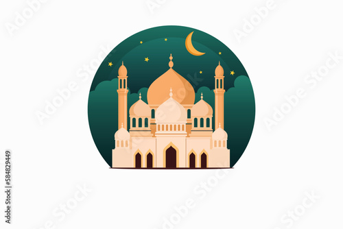 Islamic decoration background with mosque, crescent moon, ramadan kareem, mawlid, iftar, isra miraj, eid al fitr adha, muharram, copy space, vector illustration.