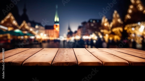 Wooden table in front of light blurred background of christmas market. Generative AI © KEA
