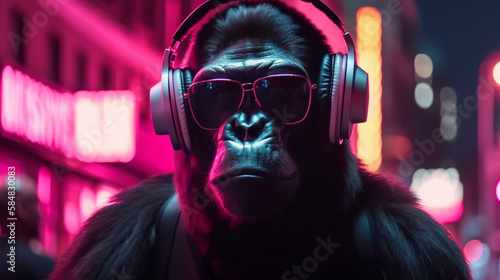 Gorilla mit Sonnenbrille und Kopfhörer in der Stadt im 16:9 Format. Generative Ai.