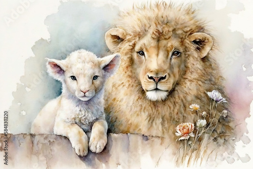 A lion and lamb together watercolor  Generative AI