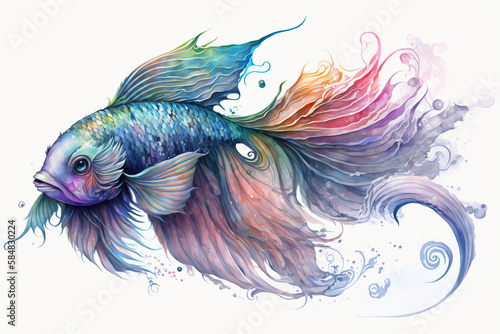 A beautiful rainbow fish with long flowing fins watercolor, Generative AI © gridspot