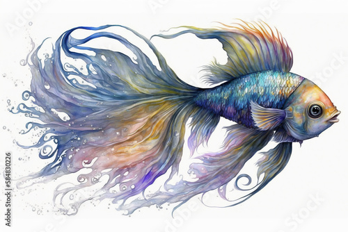 A rainbow fish with long flowing fins watercolor, Generative AI © gridspot