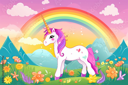 Cartoon Unicorn with a rainbow Generative AI