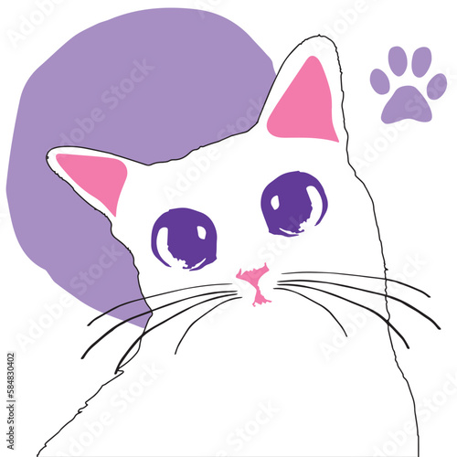Gato Curioso Minimalista com Manchas e patas roxas sobre fundo branco. Arte de Pet fofa e com belo contraste de cores.