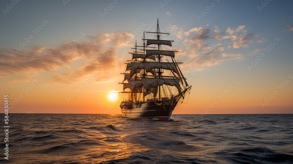  Tall Ship on open water at sunset. Created with Generative AI.	