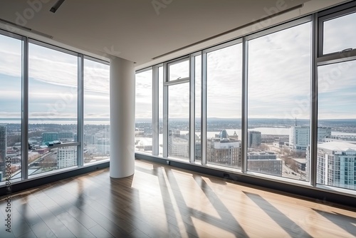 Wonderful luxury penthouse bedroom, high class real estate with skyline city view and large glass windows - Generative AI © Hanjin