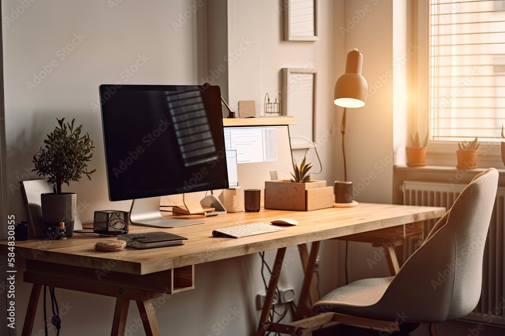 Comfortable office space. Modern desktop computer. Generative AI Comfortable office space. Modern desktop computer. Generative AI