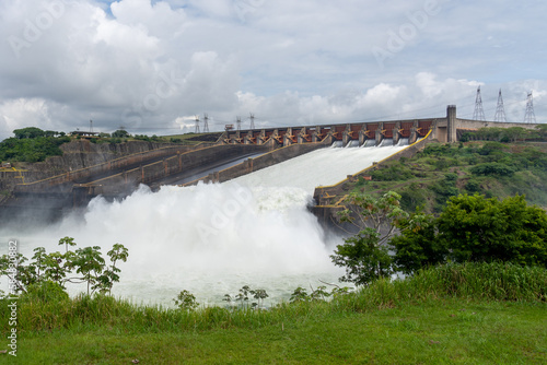  Itaipu Dam spillway viewed from visitors center near Foz do iguacu, brazil. Itaipu Dam is a hydroelectric dam on the border between Brazil and Paraguay.