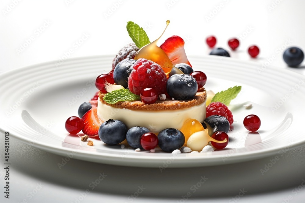 pastry with cream garnished with fruits on a white plate, generative ai pastry with cream garnished with fruits on a white plate, generative ai