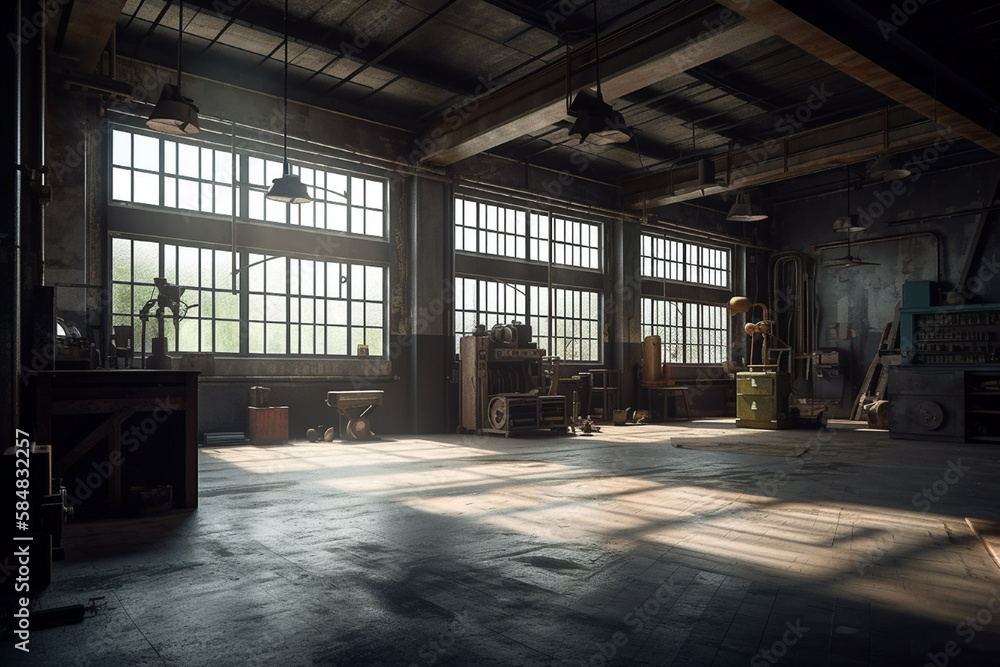 Empty industrial Room, old repair shop, created by a neural network ...