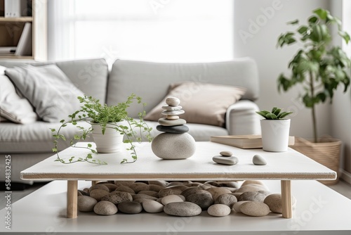 White table shelf with pebble balance and feng shui inscriptions above bohemian living room with couch. Zen inspired mezzanine,. Generative AI photo