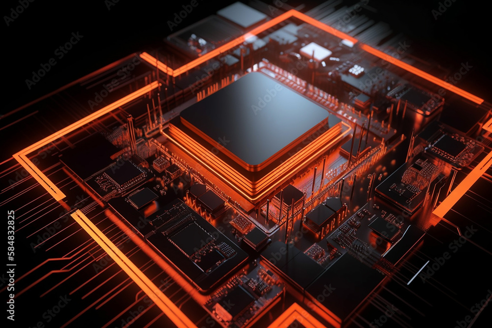central processing unit, CPU, neon orange backlight, created by a