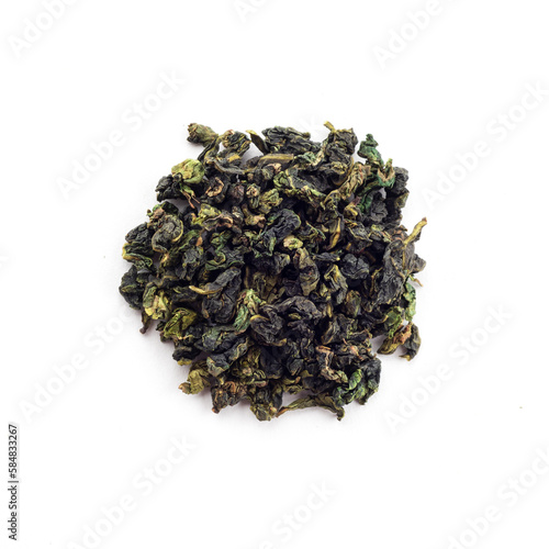 A bunch of chinese oolong tea, Tie Guan Yin isolated on a white background, close up. Green Tea use for weight loss, caffeine alternative and improving heart health.