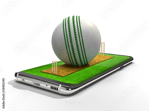 Cricket ball with mobile concept isolated background. 3d rendering illustration.