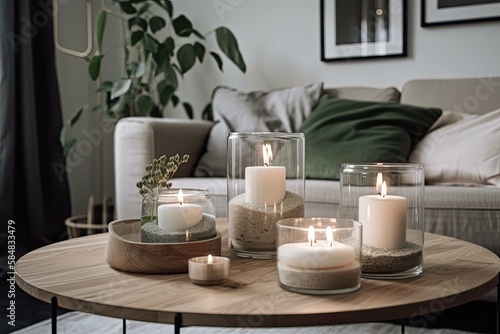 white candles on wooden coffee table in pleasant living room. Scandinavian style living room. Candle and plant in vase on tiny wooden table in front of scandinavian couch. boho home. Generative AI