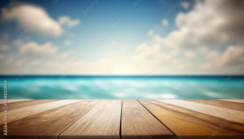 Empty wooden table top for product display with blur luxury background of sea and sky . generative AI Empty wooden table top for product display with blur luxury background of sea and sky . generative AI