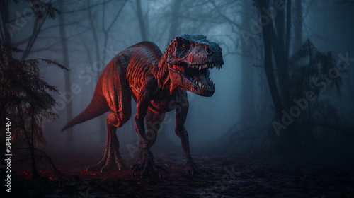 Full Body Tyrannosaurus Rex Coming out of Misty Forest
