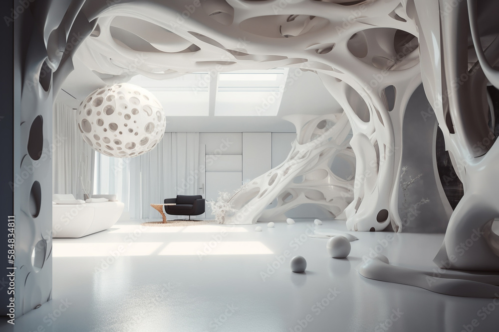 white interior with abstract organic shapes, created by a neural ...