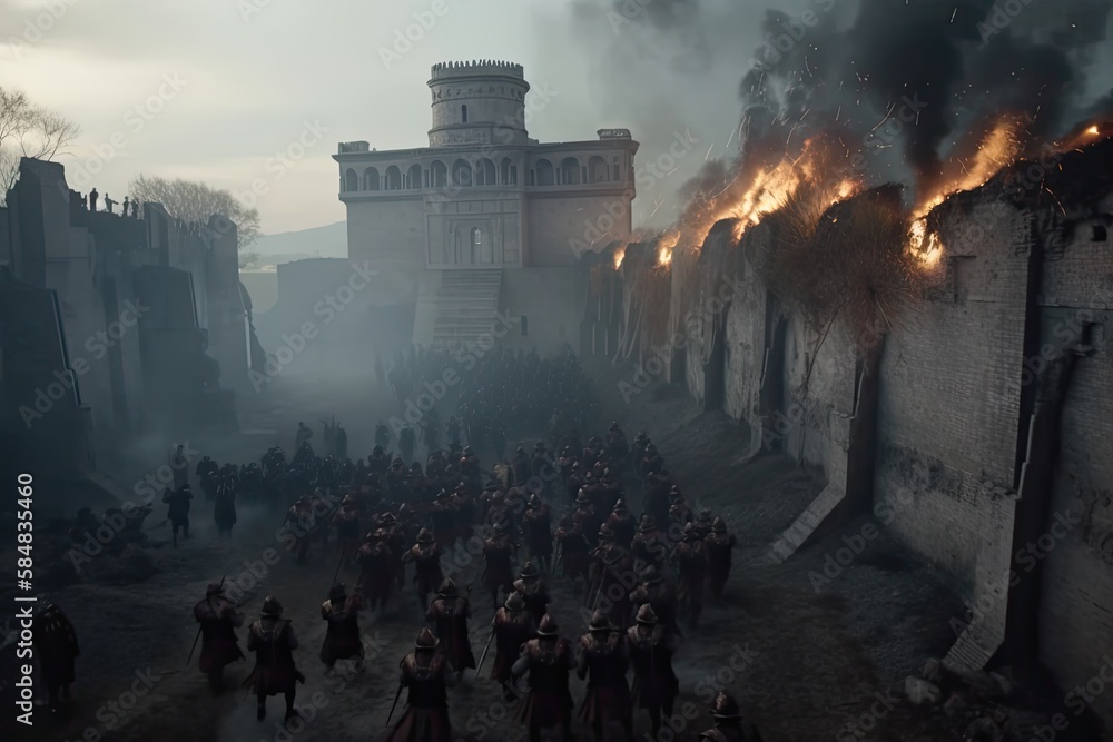 The ancient Rome soldiers are fighting under the castle The ancient Rome soldiers are fighting under the castle