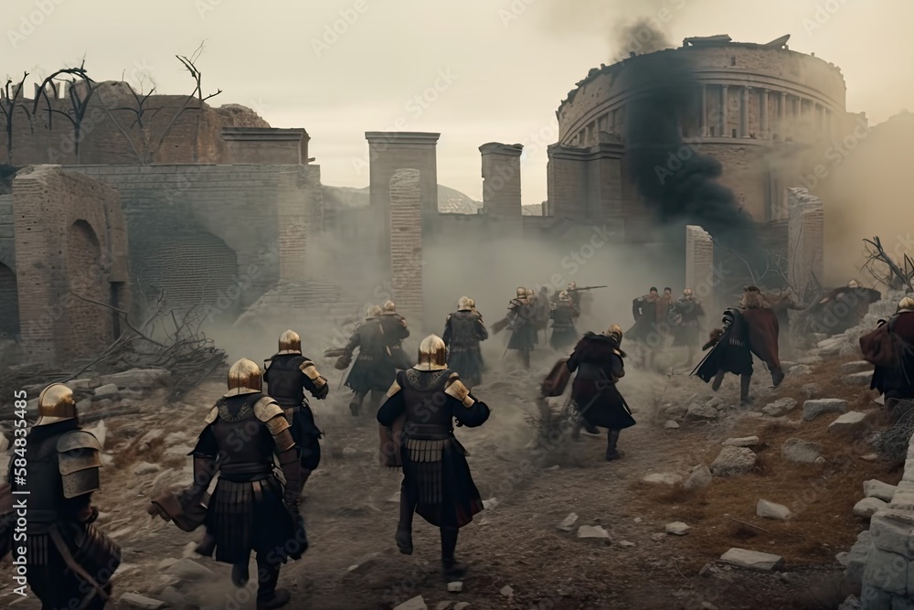 The ancient Rome soldiers are fighting under the castle The ancient Rome soldiers are fighting under the castle