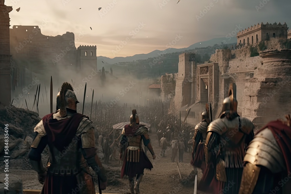 The ancient Rome soldiers are fighting under the castle