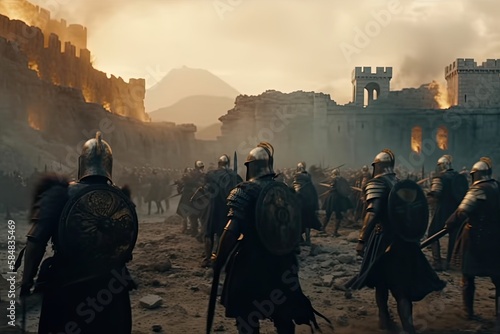 The ancient Rome soldiers are fighting under the castle